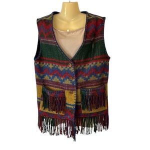 Jou Jou Fringe Wool Blend Vest Western Multicolor Red Green Yellow Blue Large